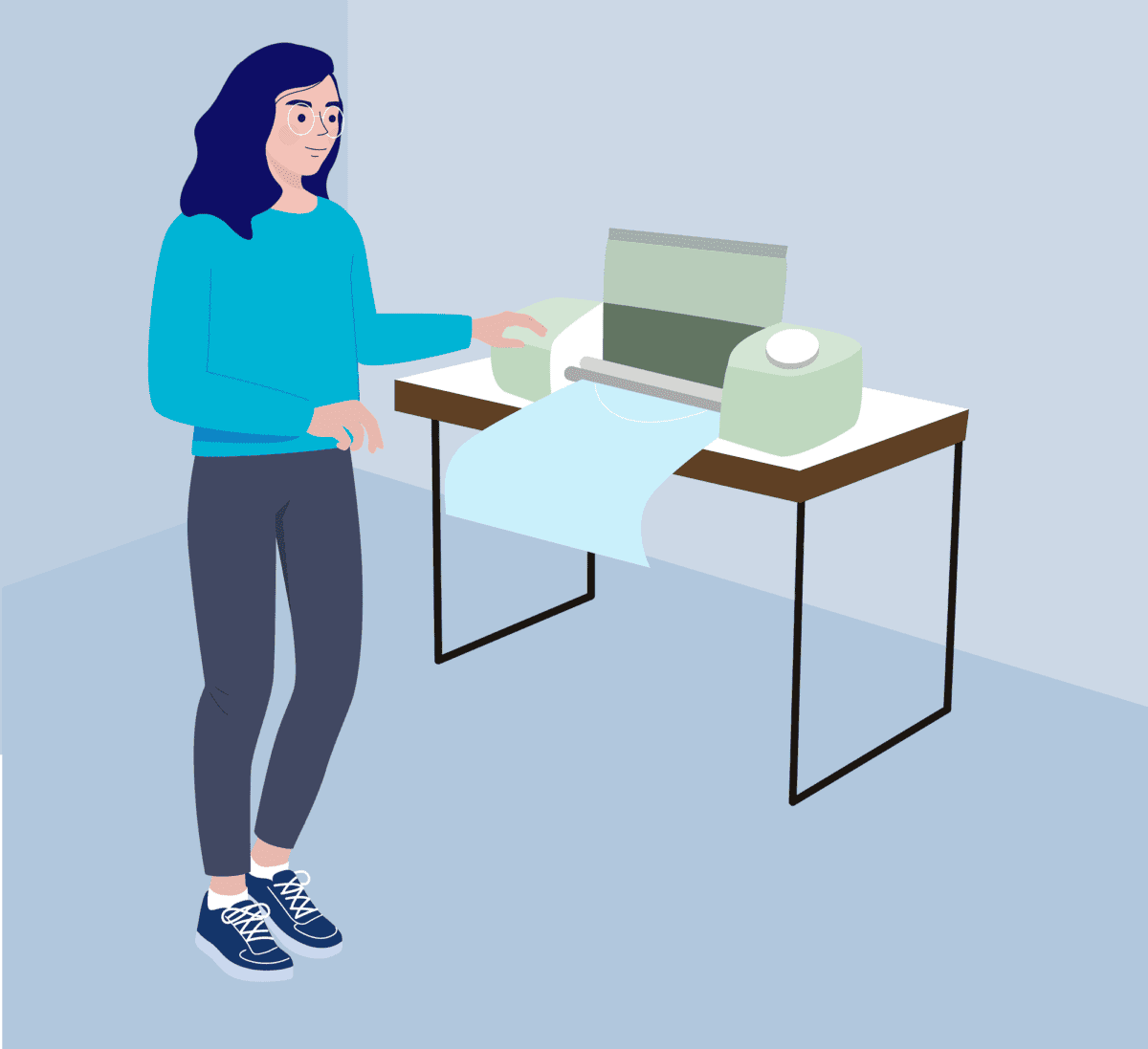 An illustration of a woman standing by a desk using her die-cutting machine.