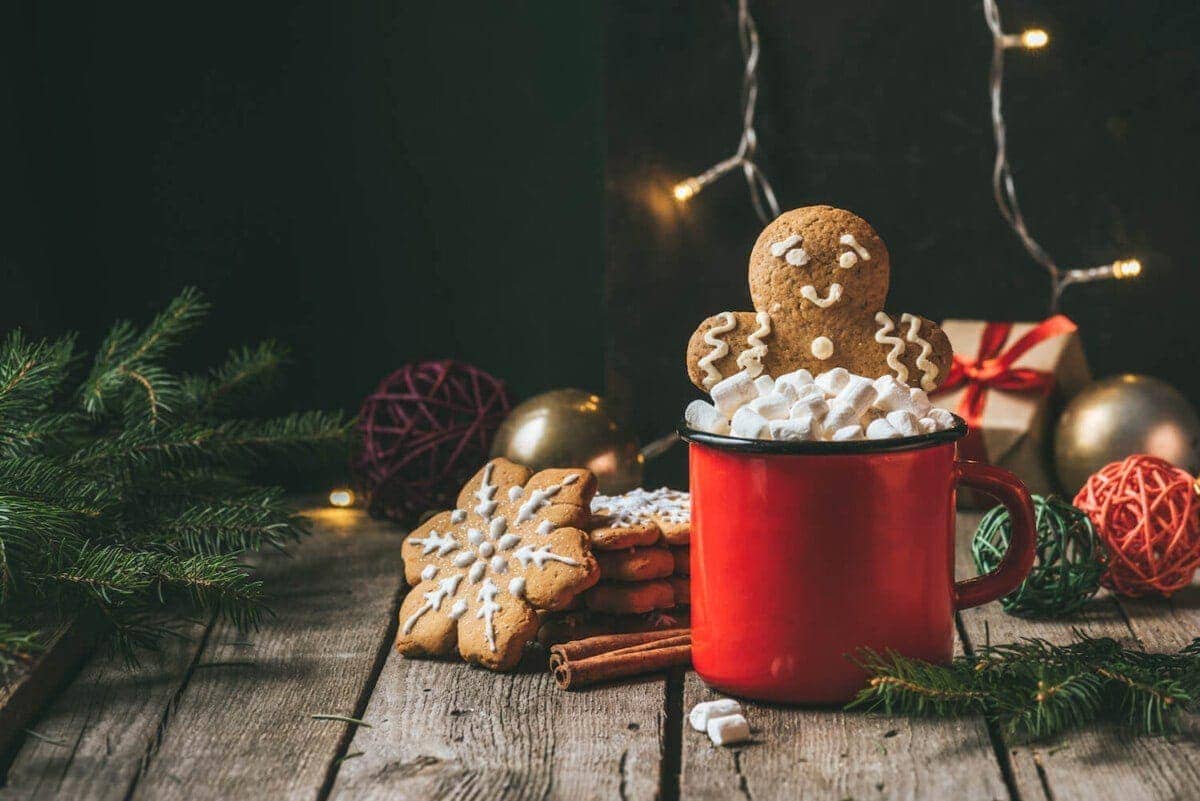 A red cup of hot chocolate with marshmallows and gingerbread cookies sitting among a Christmas scene of greenery and ornaments. 