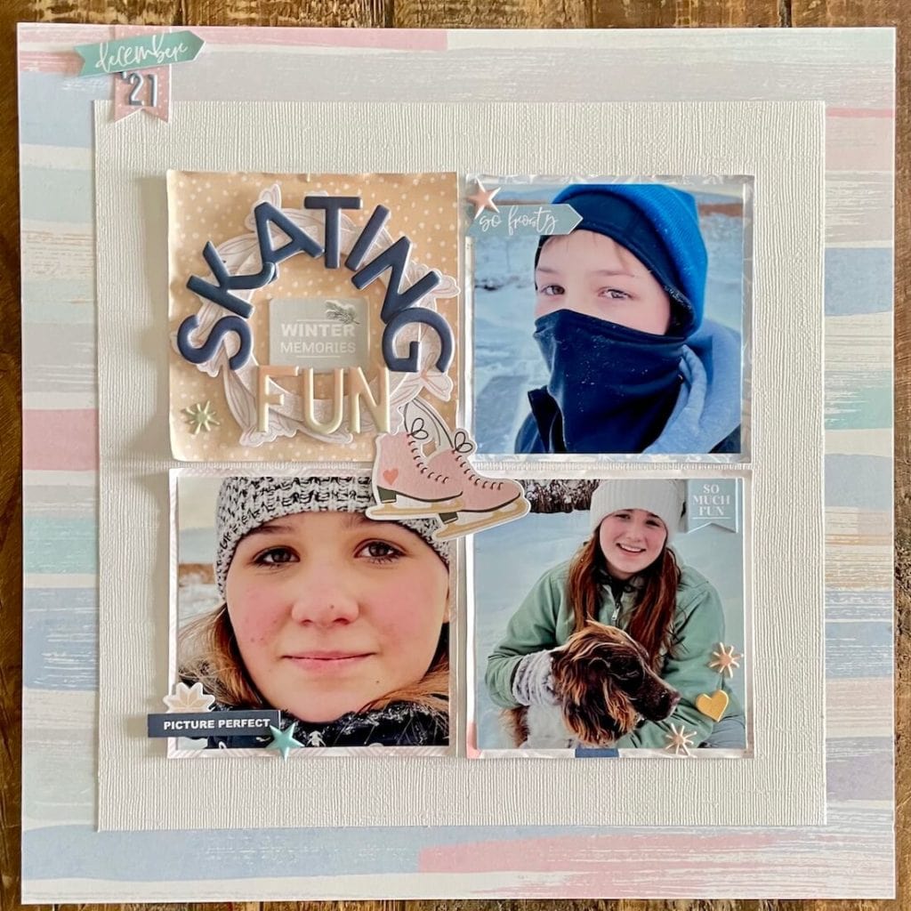 a grid design scrapbook layout featuring 3 kids skating