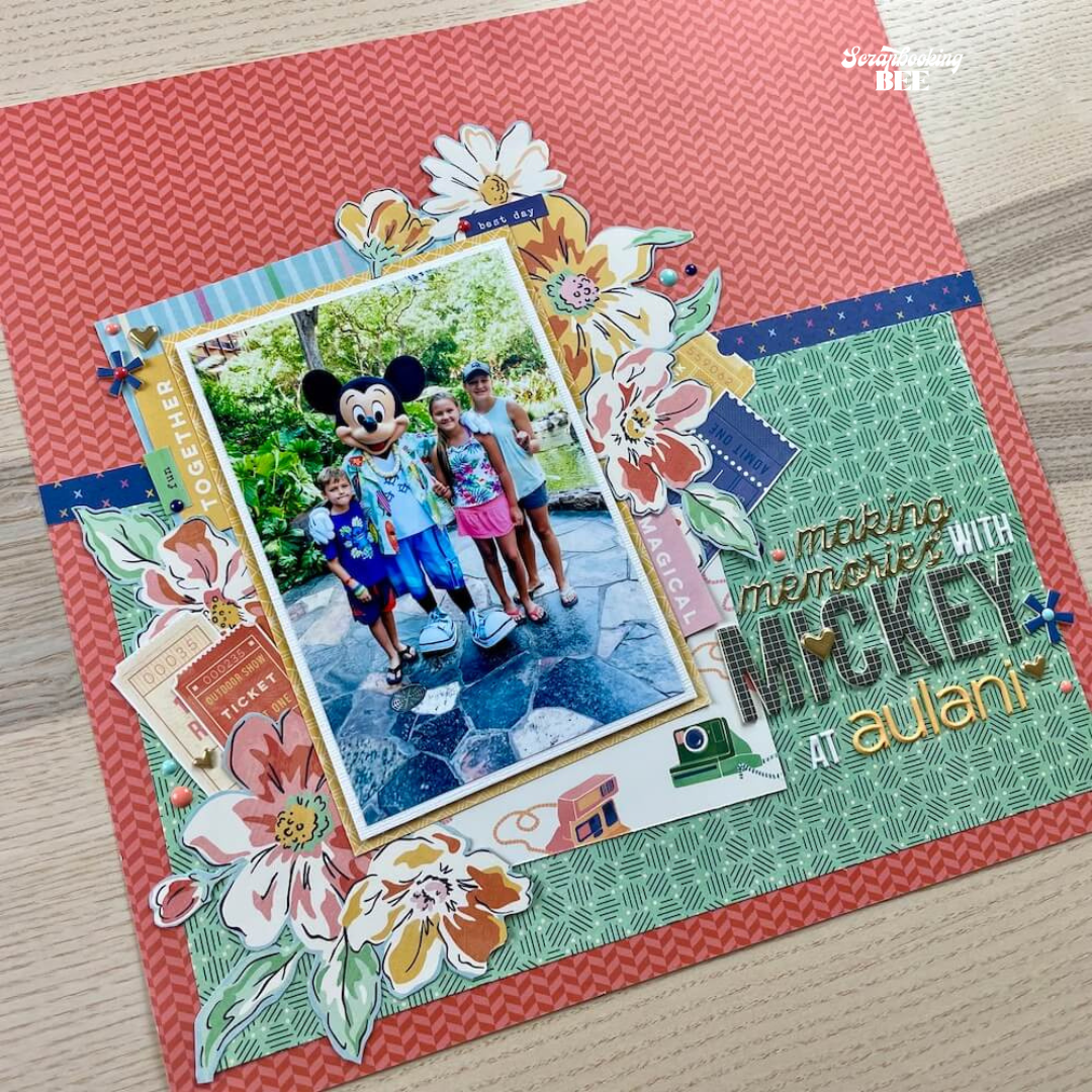 A scrapbook page featuring a meet and greet with Mickey Mouse at Disney Aulani on Oahu.