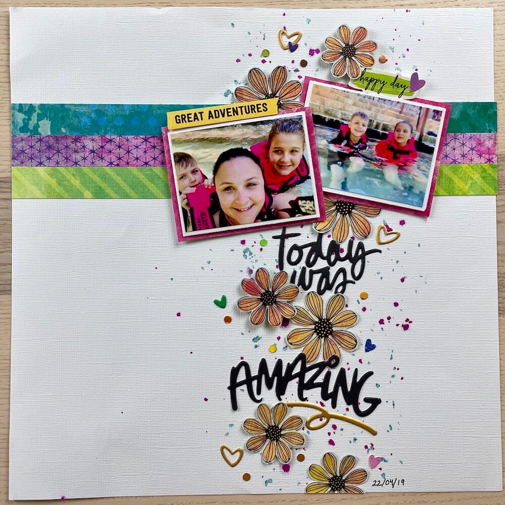 A scrapbooking page called today was amazing with yellow flowers and colourful hearts.